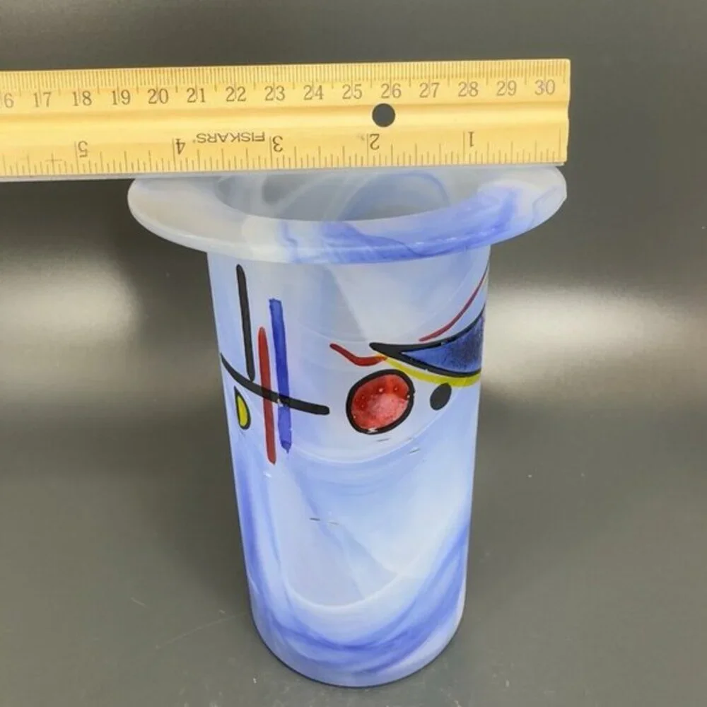 Hand Made German Art Glass Vase Vessel‎ Hand Painted Decorated Swirl Slag Glass